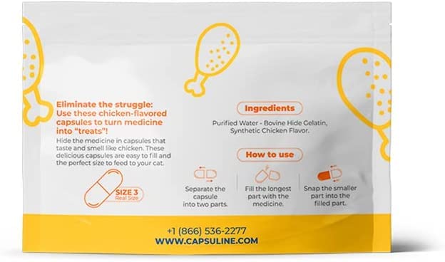 Capsuline Size 3 Empty Chicken Flavored PetCaps for Cats of All Life Stages - 100 Count - Empty Pill Capsules to Hide Medicine Taste and Scent