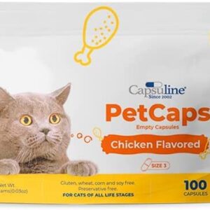 Capsuline Size 3 Empty Chicken Flavored PetCaps for Cats of All Life Stages - 100 Count - Empty Pill Capsules to Hide Medicine Taste and Scent