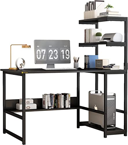 ALISENED Computer Desk with 4-Tier Storage Shelves, 43.3 inch Modern Large Office Desk Computer Table Studying Writing Desk Workstation with Bookshelf and Tower Shelf for Home Office