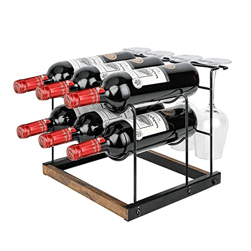 Homode Wine Rack Countertop, Wine Bottle and Glass Holder, Tabletop Wood & Metal Wine Stand Organizer for 6 Bottles and 4 Glasses Storage, for Kitchen Counter, Cabinet, Rustic Brown