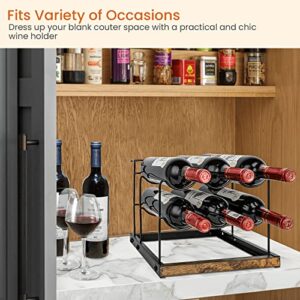 Homode Wine Rack Countertop, Wine Bottle and Glass Holder, Tabletop Wood & Metal Wine Stand Organizer for 6 Bottles and 4 Glasses Storage, for Kitchen Counter, Cabinet, Rustic Brown