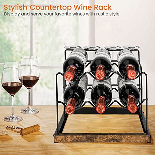 Homode Wine Rack Countertop, Wine Bottle and Glass Holder, Tabletop Wood & Metal Wine Stand Organizer for 6 Bottles and 4 Glasses Storage, for Kitchen Counter, Cabinet, Rustic Brown