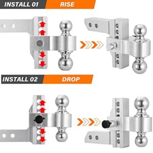 SUNJOXOM Adjustable Trailer Hitch, Ball Mount, Fits 2-Inch Receiver, 6-Inch Drop Hitch, 12,500 LBS GTW, 2" and 2-5/16" Stainless Steel Tow Balls, Aluminum Tow Hitch with Double Anti-Theft Pins Locks