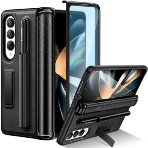 vego for galaxy z fold 4 case with s pen holder, metal kickstand case with [hinge protection & screen protector], pu leather protective case for samsung z fold 4 5g 2022 new released - midnight black