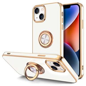 hython case for iphone 14 case with ring stand [360° rotatable ring holder magnetic kickstand] [support car mount] plated gold edge slim soft tpu luxury shockproof protective phone case cover, white