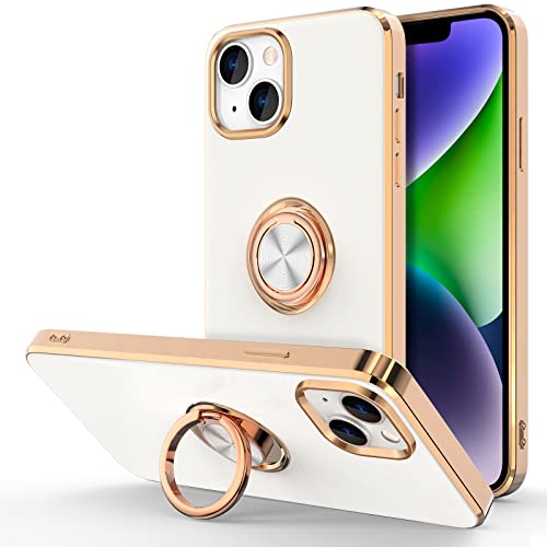 Hython Case for iPhone 14 Case with Ring Stand [360° Rotatable Ring Holder Magnetic Kickstand] [Support Car Mount] Plated Rose Gold Edge Slim Soft TPU Luxury Protective Phone Case Cover, White