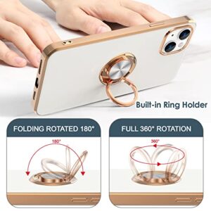 Hython Case for iPhone 14 Case with Ring Stand [360° Rotatable Ring Holder Magnetic Kickstand] [Support Car Mount] Plated Rose Gold Edge Slim Soft TPU Luxury Protective Phone Case Cover, White