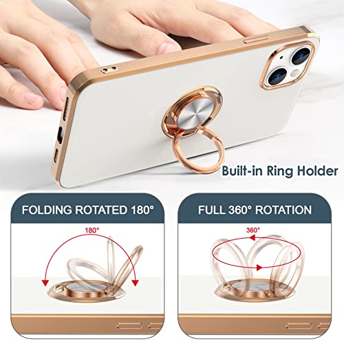 Hython Case for iPhone 14 Case with Ring Stand [360° Rotatable Ring Holder Magnetic Kickstand] [Support Car Mount] Plated Rose Gold Edge Slim Soft TPU Luxury Protective Phone Case Cover, White