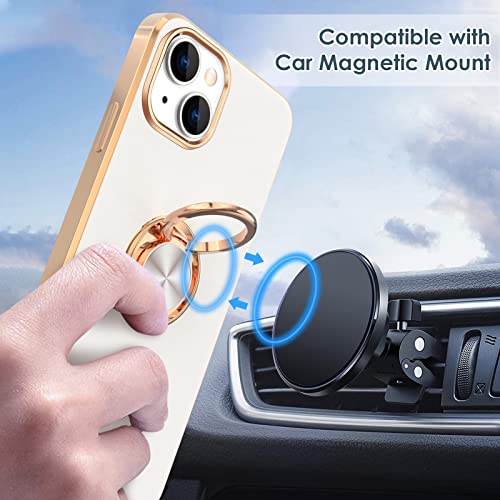 Hython Case for iPhone 14 Case with Ring Stand [360° Rotatable Ring Holder Magnetic Kickstand] [Support Car Mount] Plated Rose Gold Edge Slim Soft TPU Luxury Protective Phone Case Cover, White