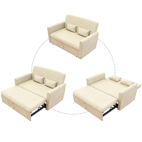 FOKWE Modern Pull Out Sofa Bed, Velvet Convertible Sleeper Sofa Couch Loveseat Sofa with Pull-Out Bed, Adjustable Backrest and 2 Pillows for Living Room,Beige