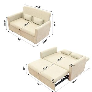 FOKWE Modern Pull Out Sofa Bed, Velvet Convertible Sleeper Sofa Couch Loveseat Sofa with Pull-Out Bed, Adjustable Backrest and 2 Pillows for Living Room,Beige