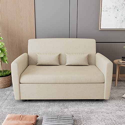 FOKWE Modern Pull Out Sofa Bed, Velvet Convertible Sleeper Sofa Couch Loveseat Sofa with Pull-Out Bed, Adjustable Backrest and 2 Pillows for Living Room,Beige