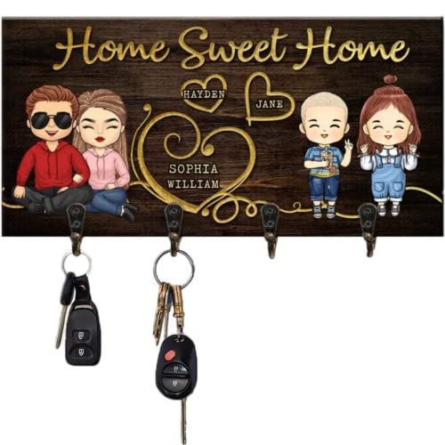 Pawfect House Home Sweet Home, Personalized Key Hanger, Key Holder, Fathers Day, Birthday Gifts for Husband, Gifts for Wife, Wall Key Hanger Wooden Decorative Family Sign with Hooks (Couple & 2 Kids)