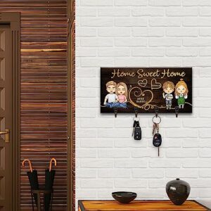 Pawfect House Home Sweet Home, Personalized Key Hanger, Key Holder, Fathers Day, Birthday Gifts for Husband, Gifts for Wife, Wall Key Hanger Wooden Decorative Family Sign with Hooks (Couple & 2 Kids)