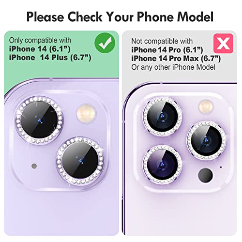 Xfilm for iPhone 14 / iPhone 14 Plus Camera Lens Protector Bling, 9H Hardness Scratchproof Camera Screen Cover Metal Individual Diamond Ring for iPhone 14 Accessories, Case Friendly (Purple Diamond)