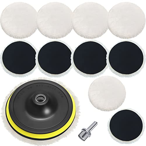 12 Pcs Wool Polishing Buffing Pad Set Included 6 Inch 10 Pcs Buffing Pads Self Adhesive Artificial Wool Cutting Pads M14 Drill Adapter for Car Polisher Glass Furniture Drill Buffer Attachment