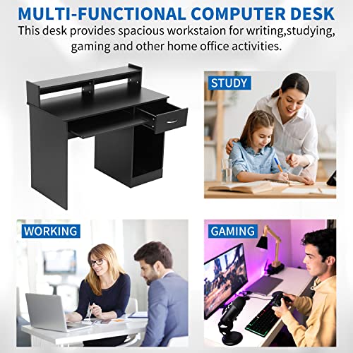 BLKMTY Computer Desk with Drawers for Home Office Desk with Keyboard Tray 43" Study Desks for Teens Wood Executive Desk with Monitor Stand Large Desktop Surface Writing Table Workstation, Black