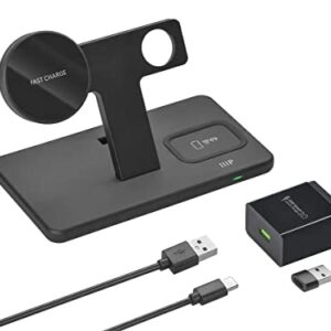 Monoprice Magsafe 3-in-1 Wireless Charging Stand, Bundled with QC3.0 Wall Charger, for iPhone 13/13 Pro/13 Pro Max/13 Mini/12/12 Pro/12 Pro Max/12 Mini, Apple Watch, AirPods