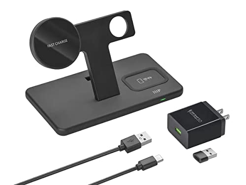 Monoprice Magsafe 3-in-1 Wireless Charging Stand, Bundled with QC3.0 Wall Charger, for iPhone 13/13 Pro/13 Pro Max/13 Mini/12/12 Pro/12 Pro Max/12 Mini, Apple Watch, AirPods