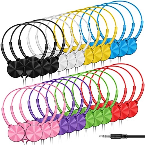 24 Pack Bulk Headphones for Kids School Classroom Headphones Earphones with 3.5 mm Plug, 8 Colors Adjustable over Head Earbuds Headphones for Students Adults Kids Library Travel, Individually Bagged