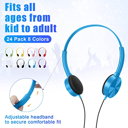 24 Pack Bulk Headphones for Kids School Classroom Headphones Earphones with 3.5 mm Plug, 8 Colors Adjustable over Head Earbuds Headphones for Students Adults Kids Library Travel, Individually Bagged