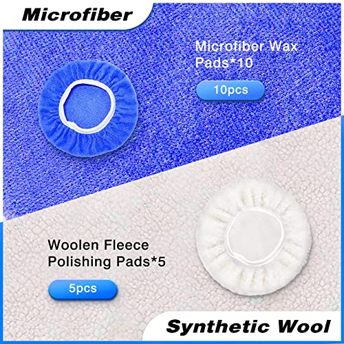 FONAROLL 5 to 6 Inch Car Polisher Pad Bonnet, 15Pcs Car Polishing Bonnet Buffing Pads, 10*Microfiber+5*Woollen