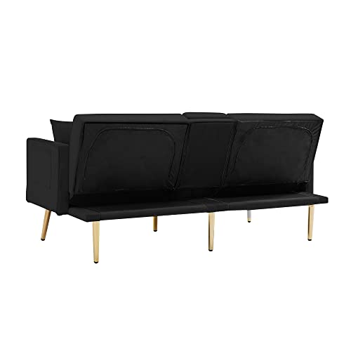 Velvet Loveseart Sofa Bed with 2 Pockets, Upholstered Convertible Sleeper Sofa Bed with Multiple Adjustable Backrest, Futon Sofa Couch with Gold Metal Legs for Living Room Office Apartment (Black-1)