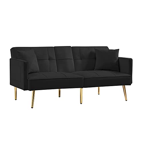 Velvet Loveseart Sofa Bed with 2 Pockets, Upholstered Convertible Sleeper Sofa Bed with Multiple Adjustable Backrest, Futon Sofa Couch with Gold Metal Legs for Living Room Office Apartment (Black-1)