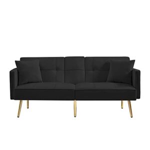 Velvet Loveseart Sofa Bed with 2 Pockets, Upholstered Convertible Sleeper Sofa Bed with Multiple Adjustable Backrest, Futon Sofa Couch with Gold Metal Legs for Living Room Office Apartment (Black-1)