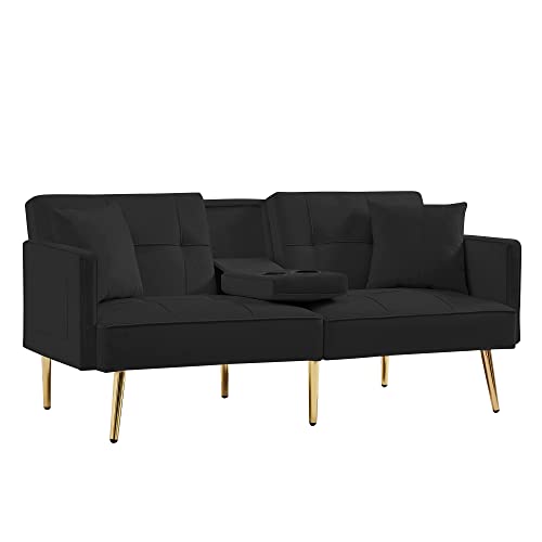 Velvet Loveseart Sofa Bed with 2 Pockets, Upholstered Convertible Sleeper Sofa Bed with Multiple Adjustable Backrest, Futon Sofa Couch with Gold Metal Legs for Living Room Office Apartment (Black-1)