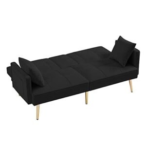 Velvet Loveseart Sofa Bed with 2 Pockets, Upholstered Convertible Sleeper Sofa Bed with Multiple Adjustable Backrest, Futon Sofa Couch with Gold Metal Legs for Living Room Office Apartment (Black-1)