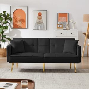 Velvet Loveseart Sofa Bed with 2 Pockets, Upholstered Convertible Sleeper Sofa Bed with Multiple Adjustable Backrest, Futon Sofa Couch with Gold Metal Legs for Living Room Office Apartment (Black-1)