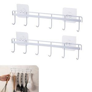 2 pack adhesive wall hooks rack kitchen rail, space saving heavy duty hanger with 6 for bathroom bedroom closet, utensil hanging knives, spoon, towel (white), 32x6x2.5cm/12.6 x2.36 x1inch