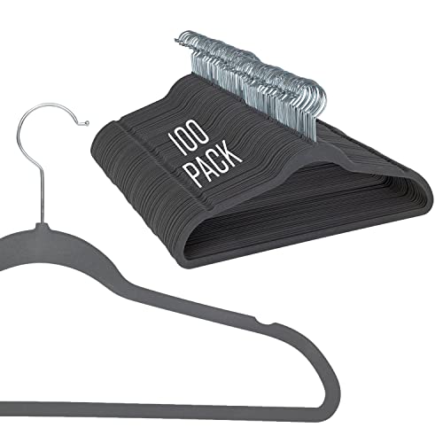 Simplify Slim Velvet Clothes Hangers | 100 Pack | Non-Slip | Shirts | Suit | Pants | Dresses | Garments | Closet Storage & Organization | Durable | Grey