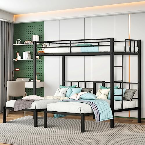 UBGO Twin Over Twin Metal ,Housebed，Loft Bed with Slide, Kids bunk bed with Roof for Kids Teen Boys Girls Bedroom Furniture Set (Black with Red Slide)