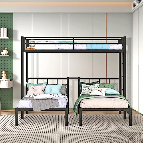 UBGO Twin Over Twin Metal ,Housebed，Loft Bed with Slide, Kids bunk bed with Roof for Kids Teen Boys Girls Bedroom Furniture Set (Black with Red Slide)