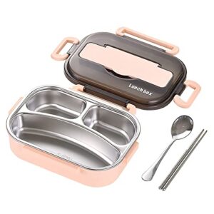 midremer lunch bento box, 1l-3 compartments portable thermal insulation leak-proof lunch containers with stainless steel liner chopsticks and spork for picnic (3 compartments, pink)