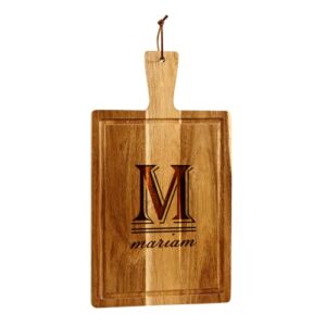 creative gifts international acacia wood carving board, charcuterie board with handle and lanyard, beveled edge, 17" x 9.75", cutting board wedding gift, custom monogram