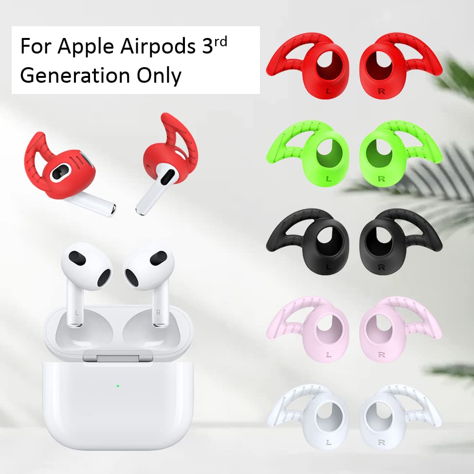 Zotech 5 Pair Anti Slip Eartips Ear Hooks Cover Compatible with AirPods 3rd Generation [NOT Fit in Case] (Black, White, Green, Pink and Red, Medium Size)