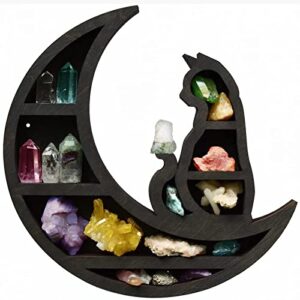 neegaurd cat on the moon crystal wood shelf 14inch large wall mounted crystal display shelf wooden floating moon shelf wall décor for living room, bedroom, office (cat and moon)