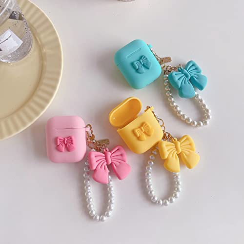 Cute AirPod Case with Bow Keychain Soft Silicone Skin Butterfly Knot Kit Portable Shockproof Protective Cover for Apple AirPods 1 2 1st 2nd Generation Charging Case Fits for Women Girls Kids (Yellow)