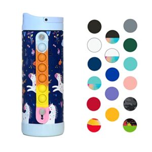 elemental iconic pop kids water bottle for school girls and boys | triple insulated stainless steel thermos with straw lid & fidget handle | flask water bottle | bpa free tumbler, 14oz - unicorn