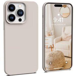 icesword iphone 14 pro max case stone, liquid silicone shockproof phone case cover, light beige tan cream warm sand pearl cute, drop protective (soft anti-scratch microfiber lining) 6.7" 14pm - stone