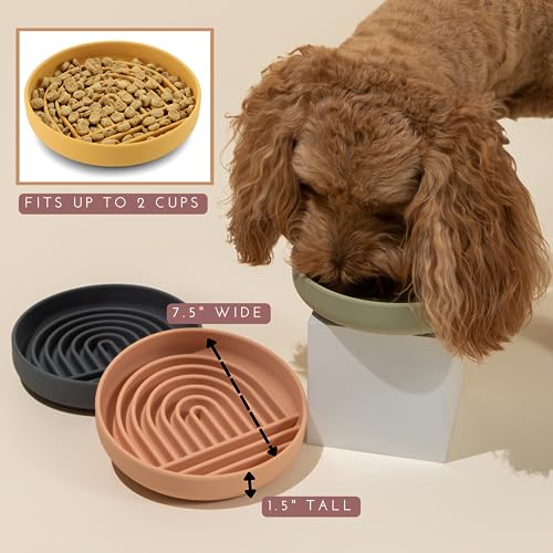 Slow Feeder Dog Bowl: The Slowdown Bowl is A Modern, Silicone Puzzle Bowl & Lick Mat. Slow Eating, Stop Gulping, Take It Easy. Dishwasher Safe. (Honey)