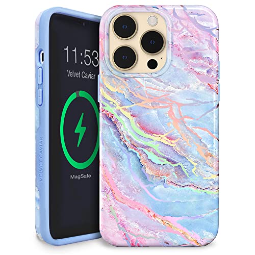 Velvet Caviar Designed for iPhone 14 PRO MAX Case for Woman Women [10ft Drop Tested] Compatible with MagSafe - Cute Magnetic Phone Cover - Protective Microfiber Lining (Holographic Blue Marble)