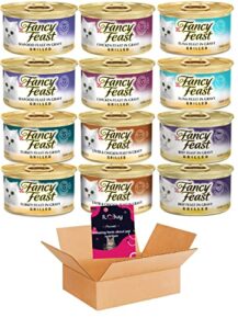 fancy feast grilled wet canned food cat food bundle, variety pack :02 seafood,02 chicken, 02 tuna,02 turkey,02 liver&chicken,02 beef grilled. pack of 12 cans in total. plus booklet.