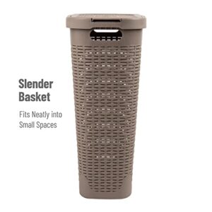 Mind Reader Basket Collection, Slim Laundry Hamper, 40 Liter (15kg/33lbs) Capacity, Cut Out Handles, Attached Hinged Lid, Ventilated, 10.4"L x 18"W x 23.5"H, Tan