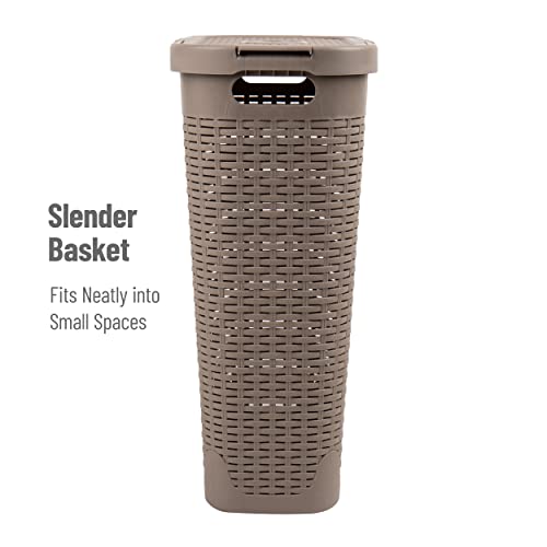 Mind Reader Basket Collection, Slim Laundry Hamper, 40 Liter (15kg/33lbs) Capacity, Cut Out Handles, Attached Hinged Lid, Ventilated, 10.4"L x 18"W x 23.5"H, Tan