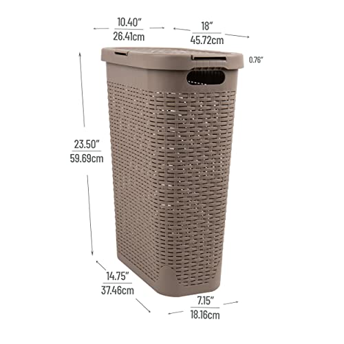 Mind Reader Basket Collection, Slim Laundry Hamper, 40 Liter (15kg/33lbs) Capacity, Cut Out Handles, Attached Hinged Lid, Ventilated, 10.4"L x 18"W x 23.5"H, Tan