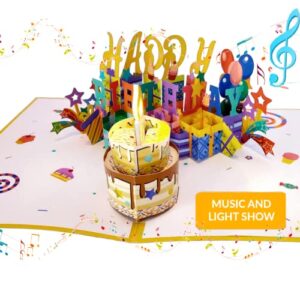 gradient mode birthday card, musical birthday cards with light and music, blowable candle 3d birthday pop up cards, blow out led candle, light show and play happy birthday song for women men (yellow)